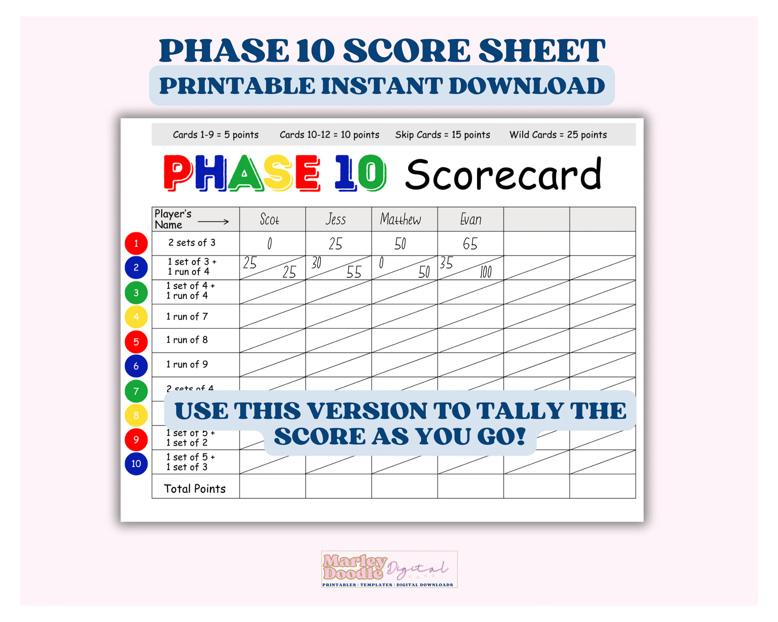 Printable Phase 10 Score Sheets Card