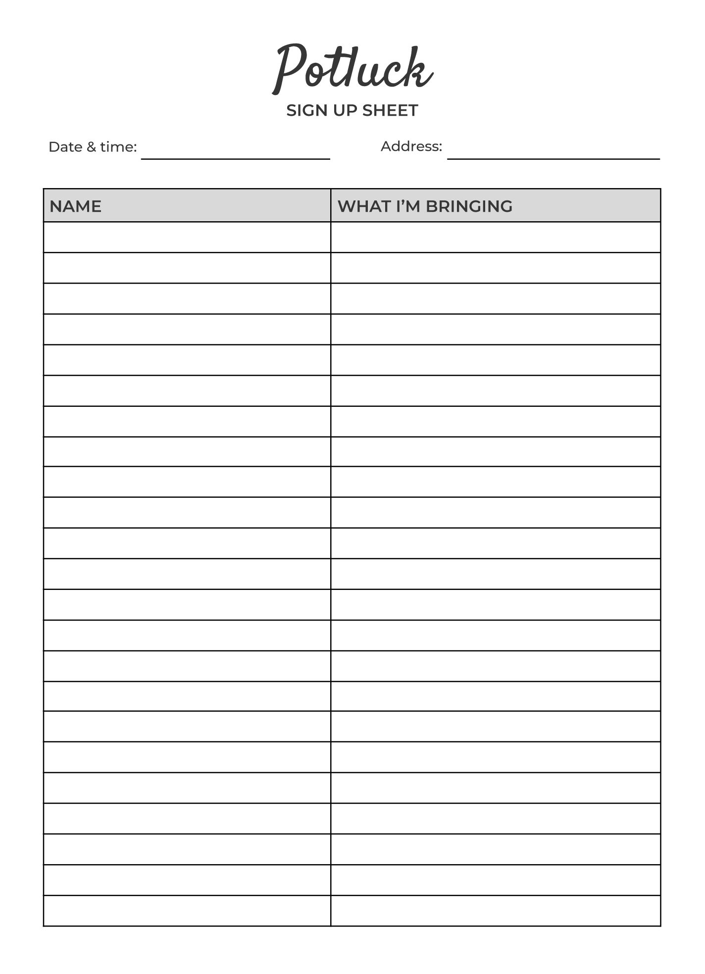 Printable Potluck Sign Up Sheet Free Google Docs Template