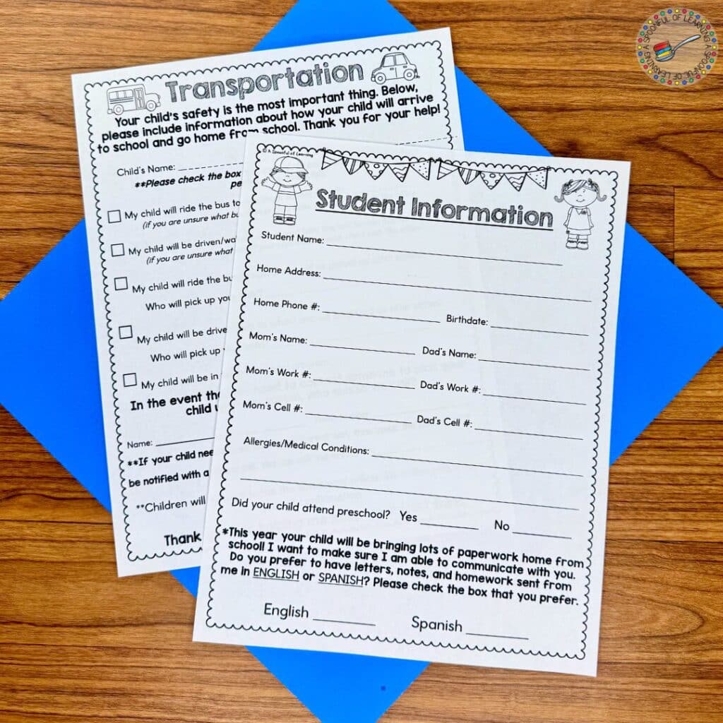 Printable Student Information Sheets