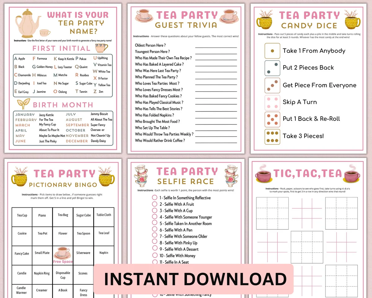 Printable Tea Party Games Adults Kids Toddler Editable High Tea Quiz Activity Bundle Bridal Baby Shower Birthday Tea Party Idea