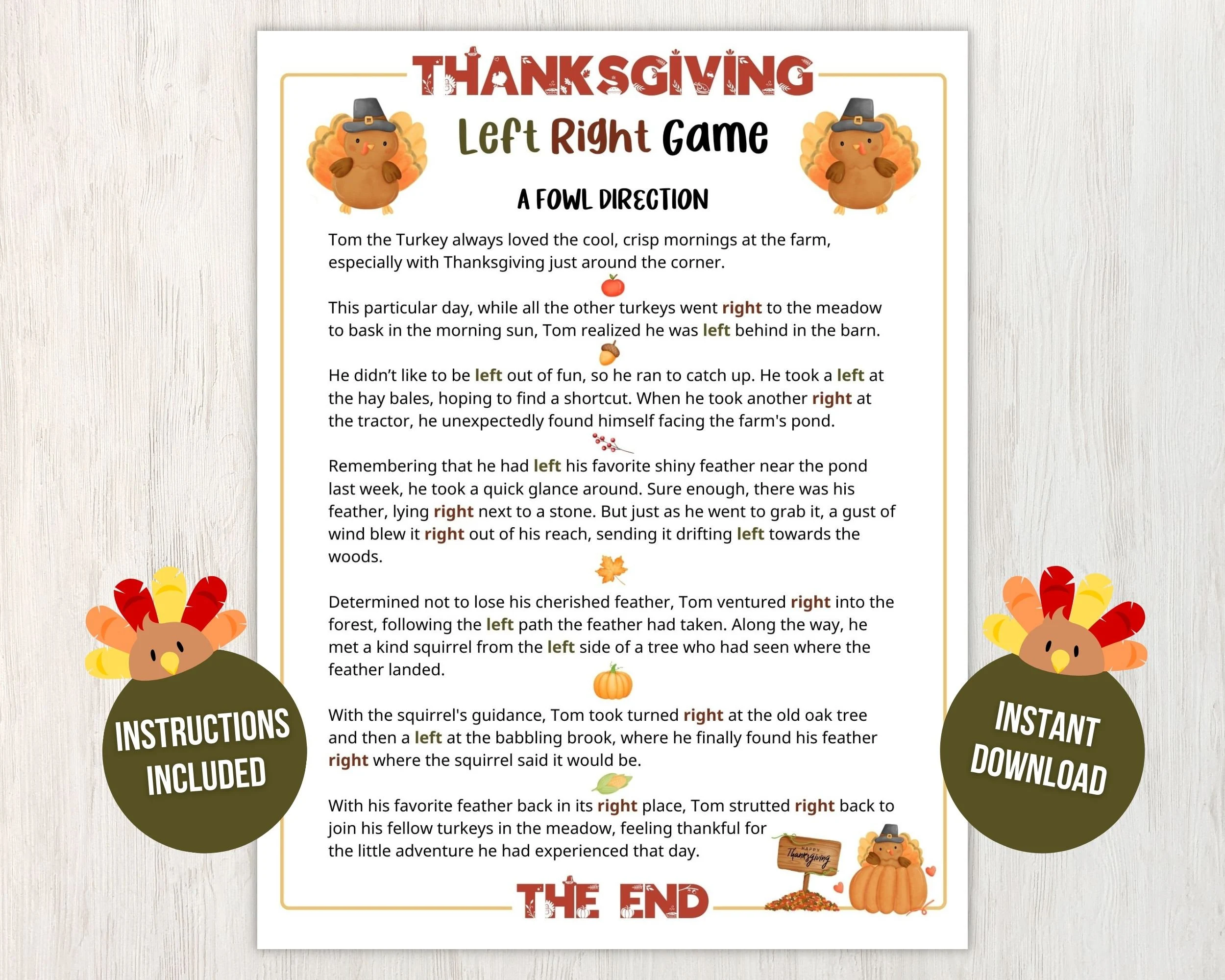 Printable Thanksgiving Left Right Game