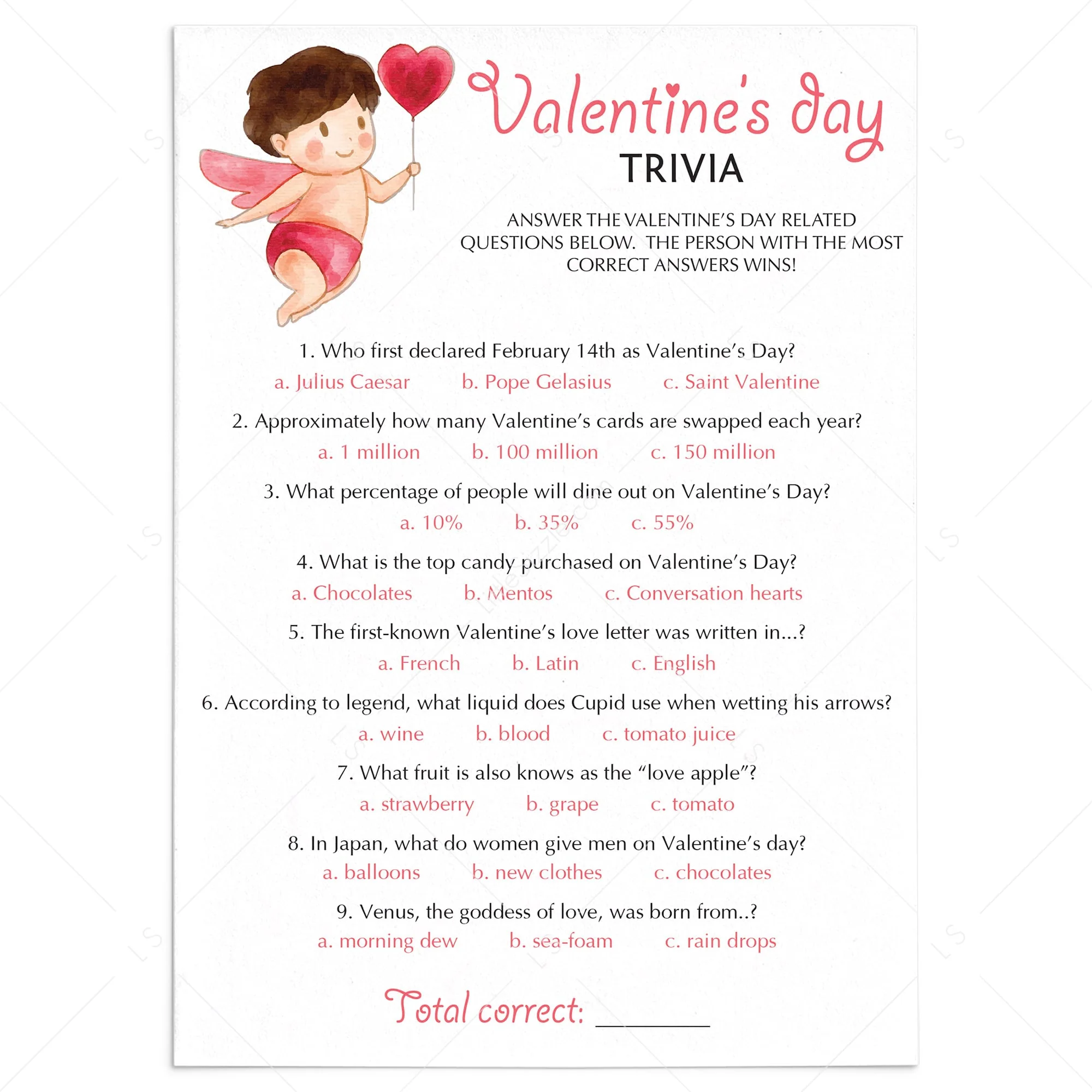 Printable Zoom Valentines Day Trivia Quiz