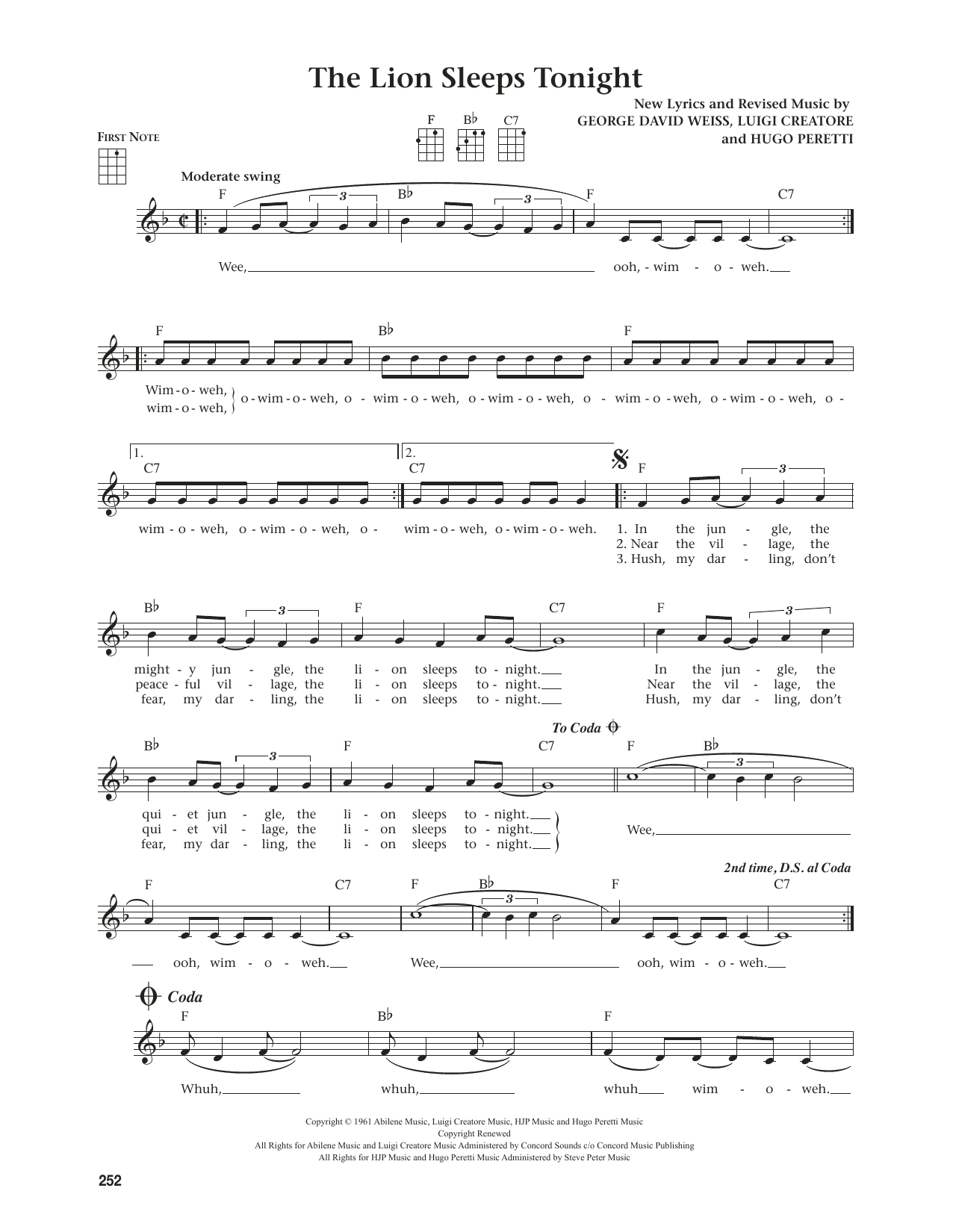 free printable piano sheet music for the lion sleeps tonight