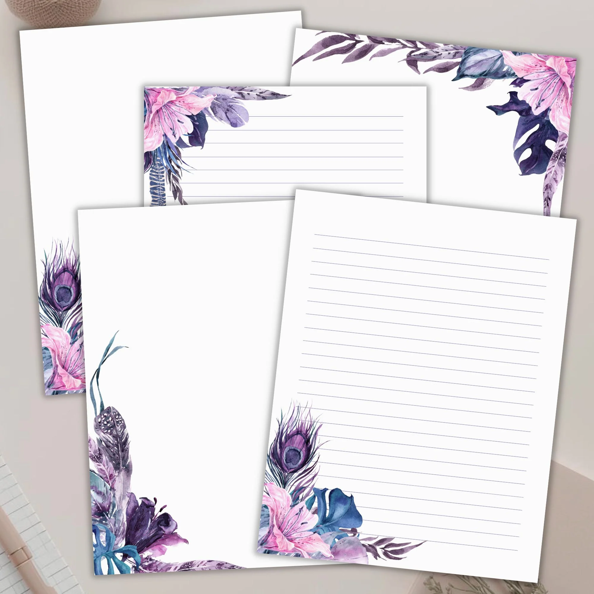 Purple Feathers N Flowers Journal Paper Stationery Set Printable