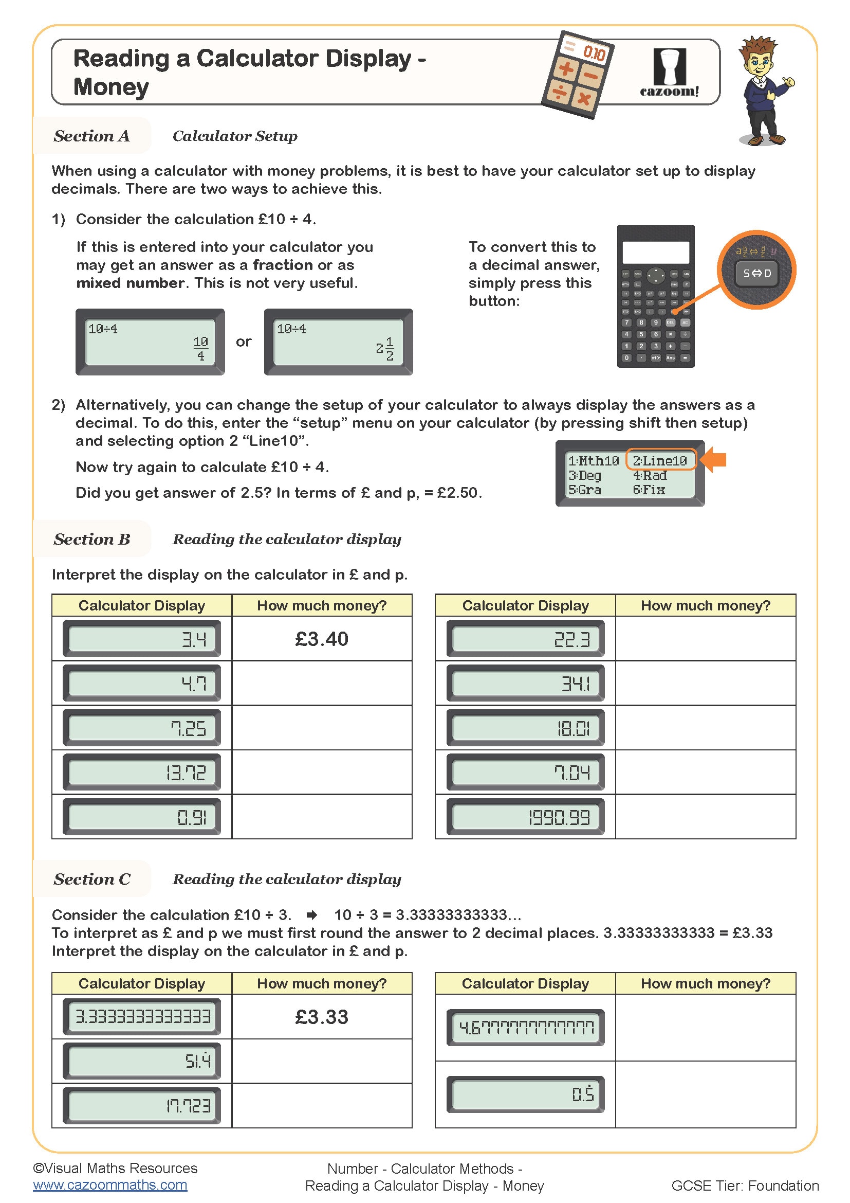 Reading A Calculator Display Money Worksheet