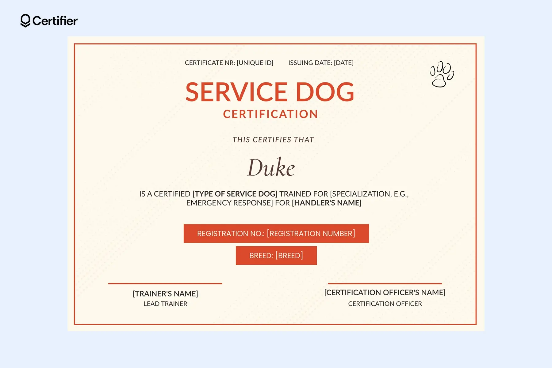 Service Dog Certificate Template