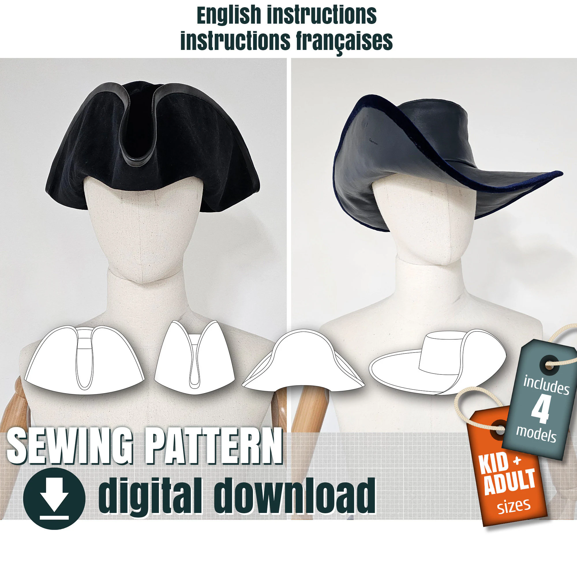 Sewing Pattern Pirate Hat 4 Different