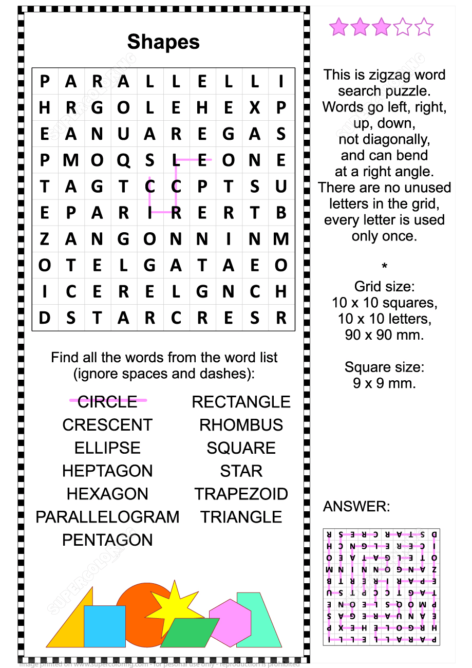 Shapes Zigzag Word Search Puzzle