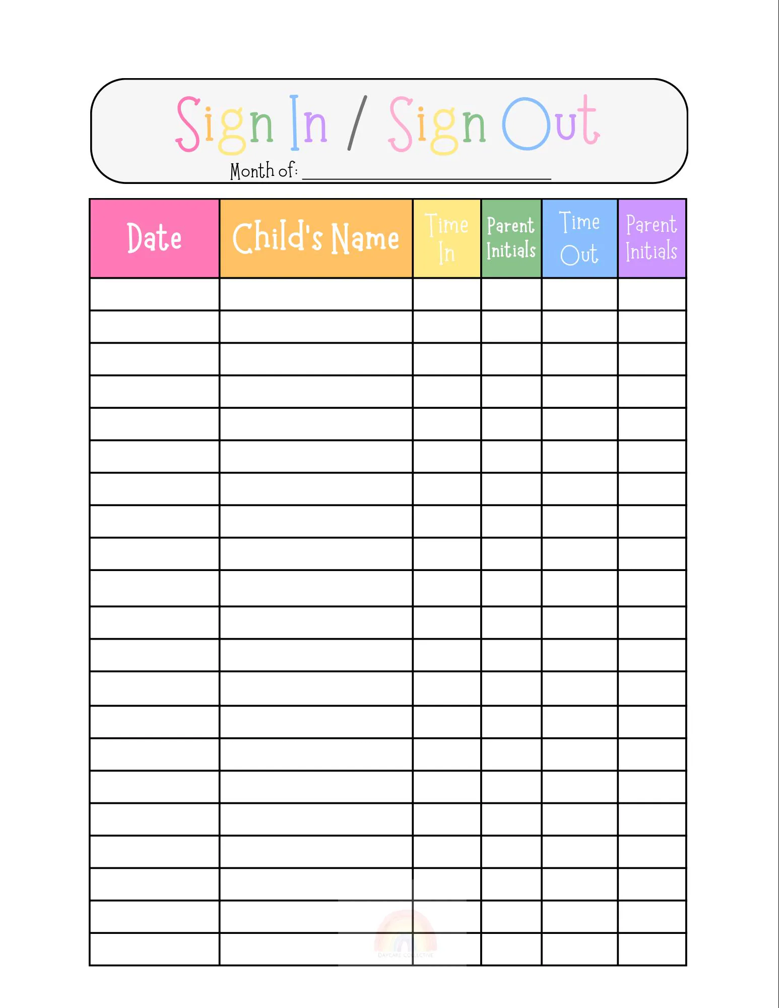 Sign In Sheet Sign Out Sheet Daycare