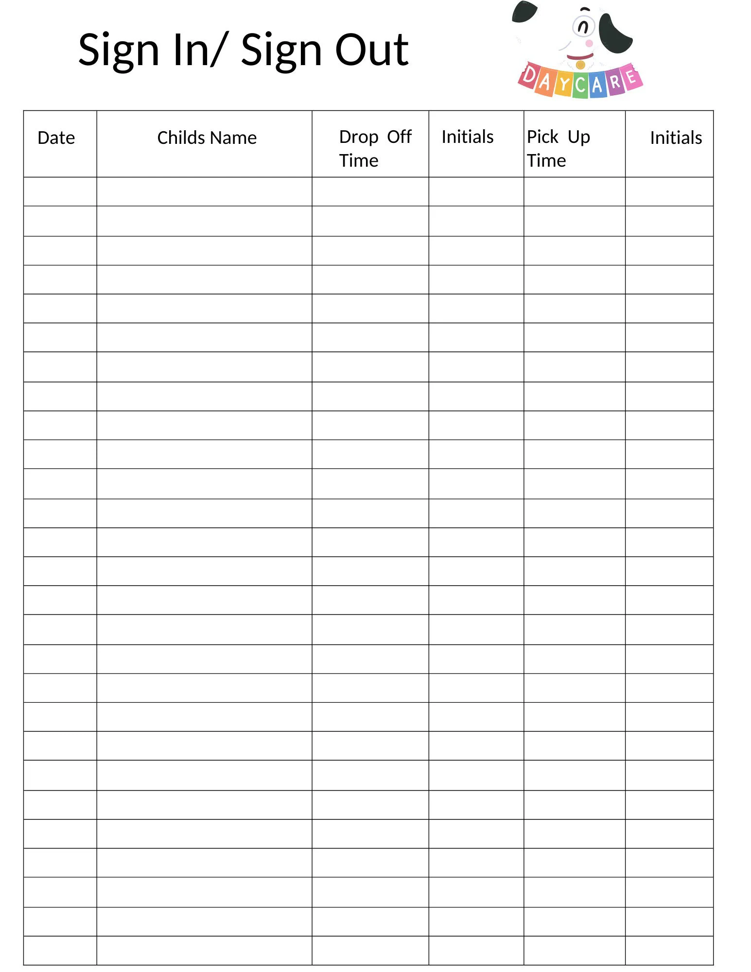Sign In Sign Out Sheet Daycare Template