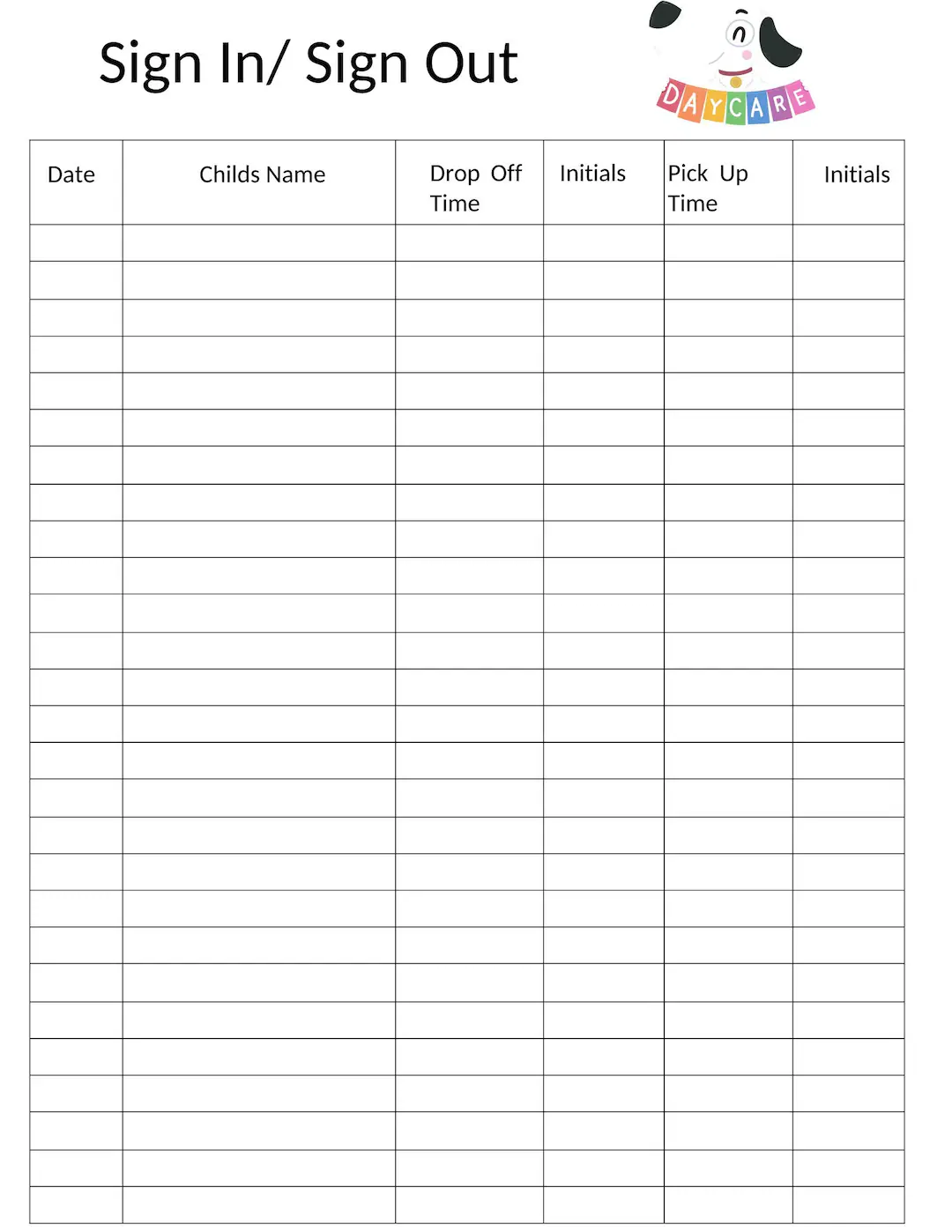 Sign In Sign Out Sheet Daycare Template