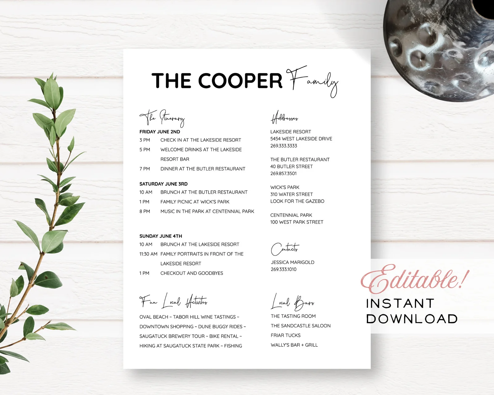 Simple Family Reunion Editable Customizable Event Itinerary Details