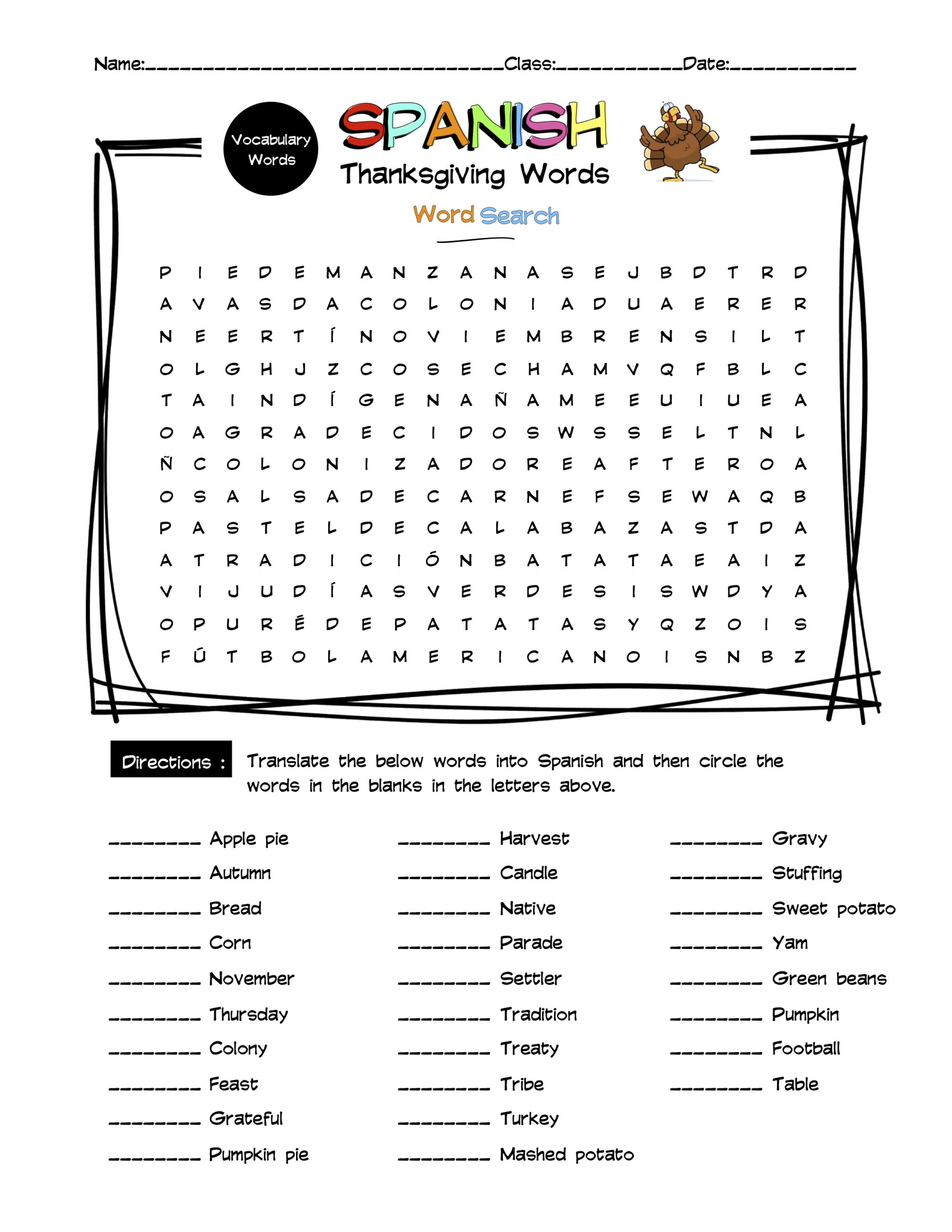 Spanish Thanksgiving Vocabulary Word Search Answer Key