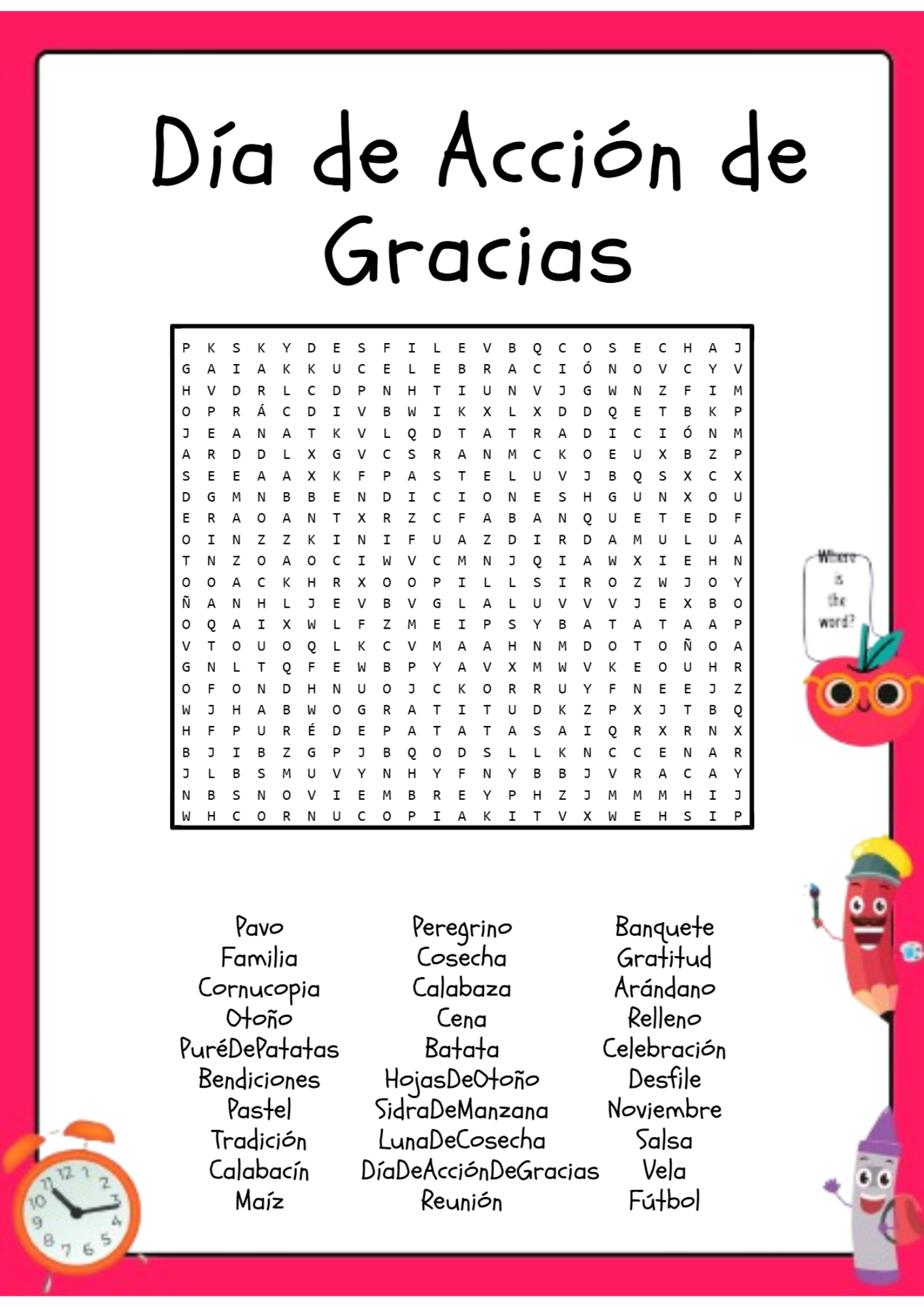 Spanish Thanksgiving Word Search Puzzle Activity