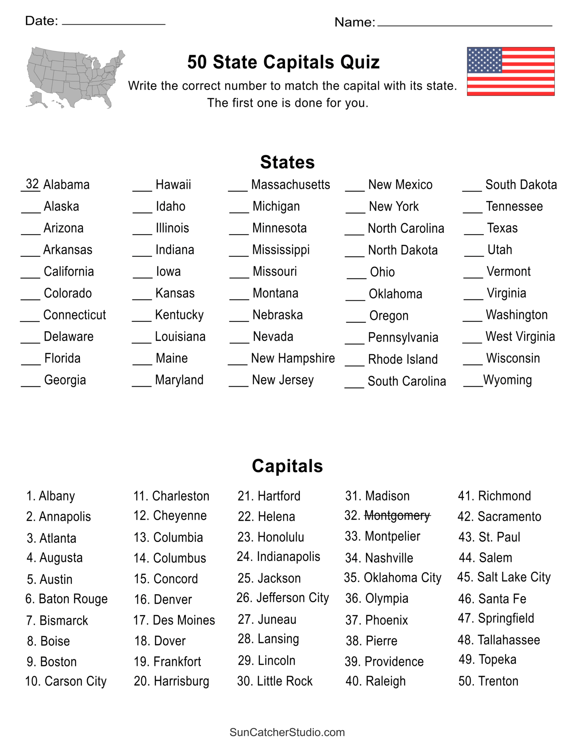 free printable state capitals quiz