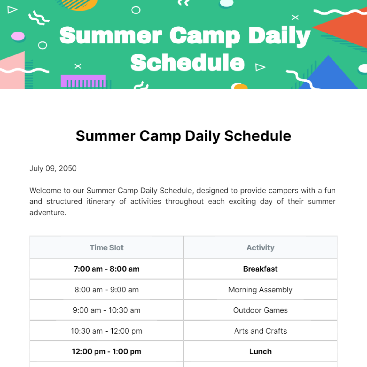 Summer Camp Daily Schedule Summer Camp Daily Schedule