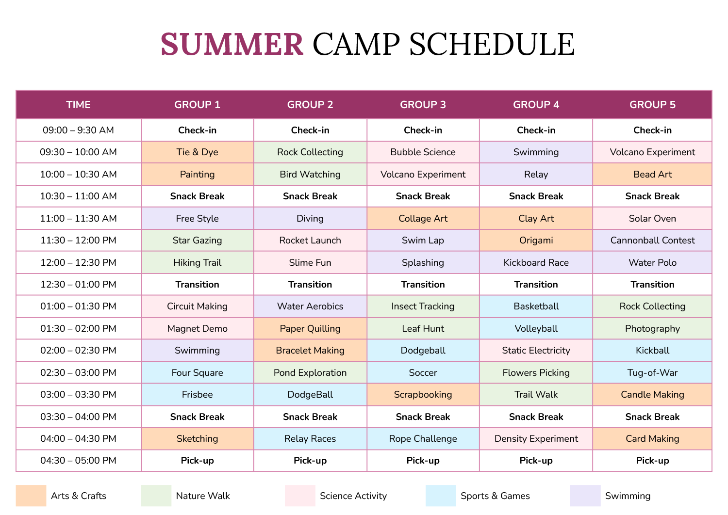 Summer Camp Schedule Template