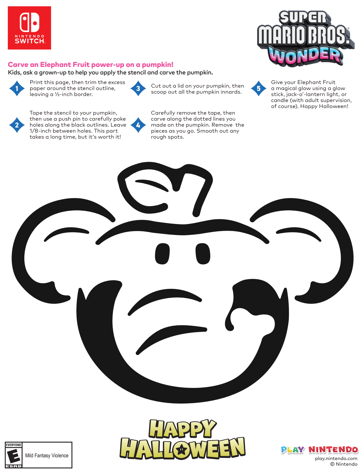 Super Mario Bros Wonder Printable Pumpkin Stencil