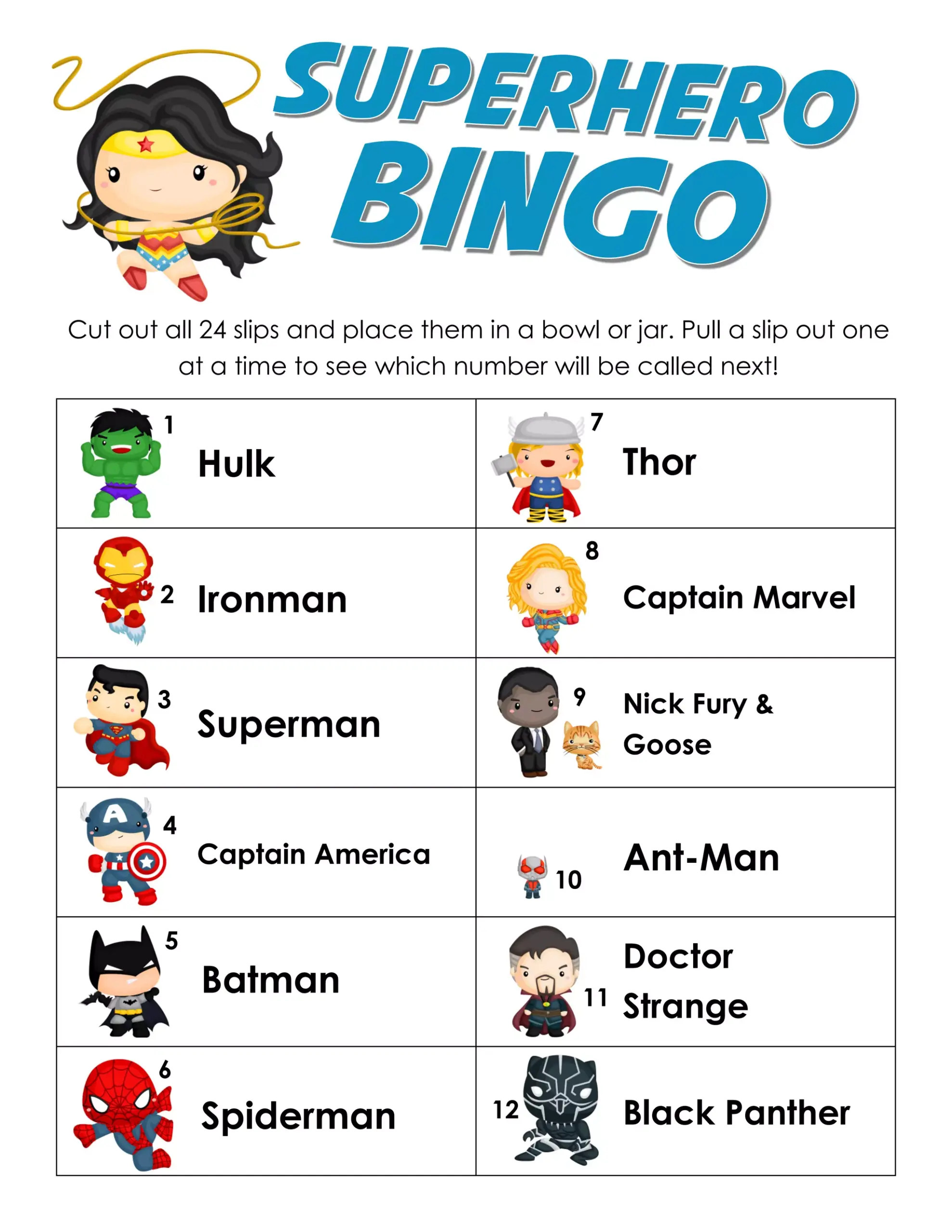 Superhero Bingo Cards