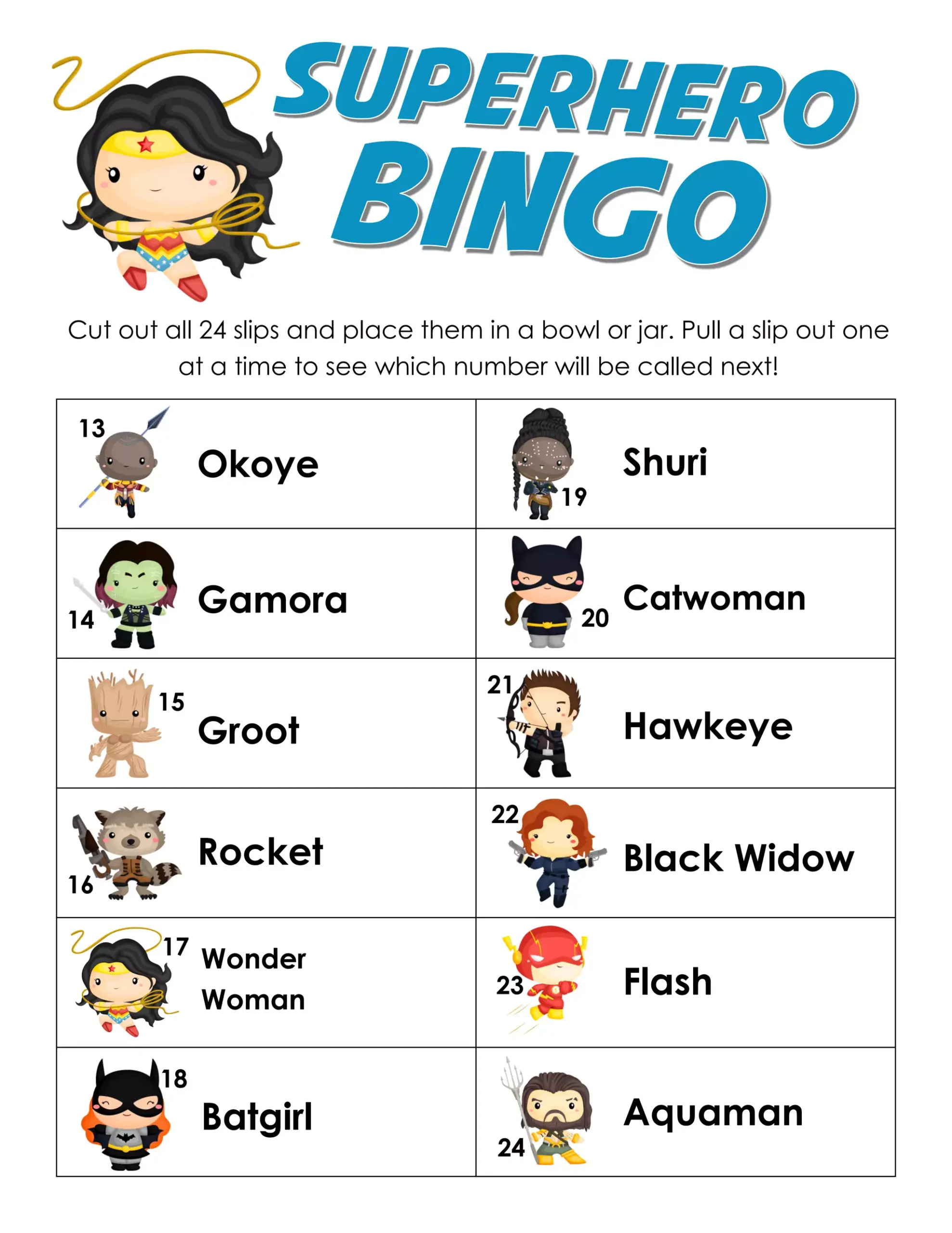 Superhero Bingo Cards