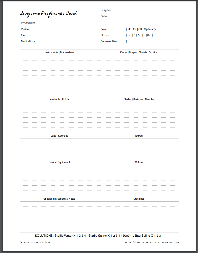 Surgeons Preference Card