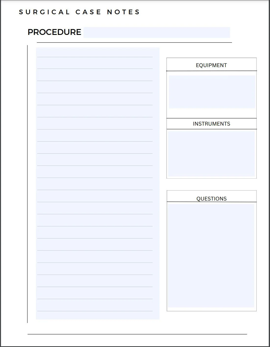 Surgery Preference Card Template