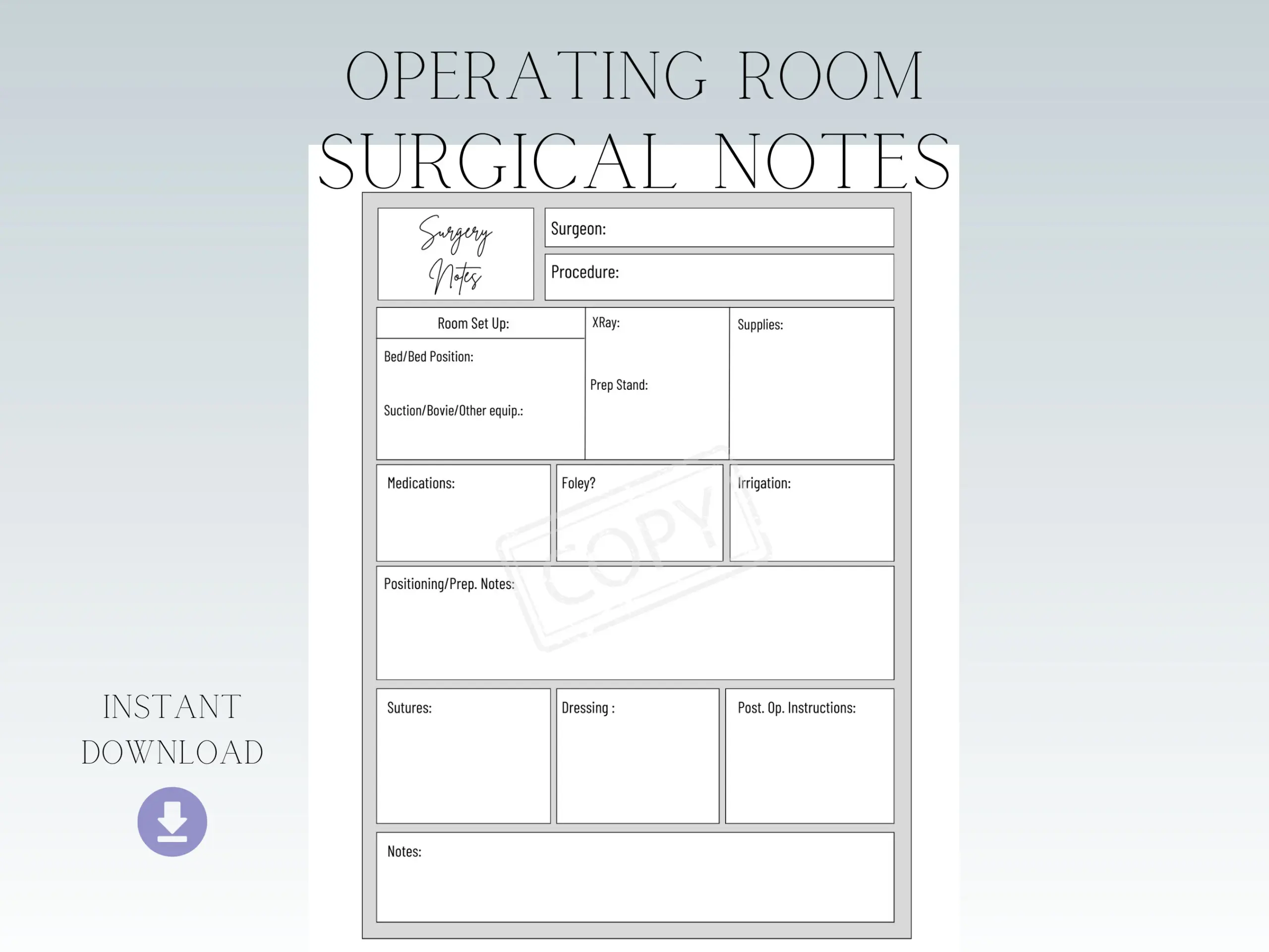 Surgery Preference Card Template