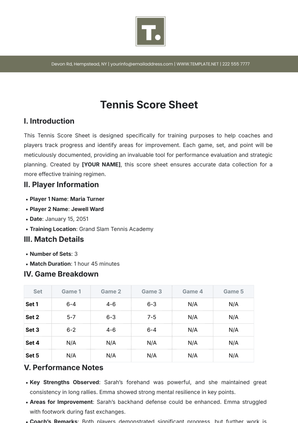 Tennis Score Sheet