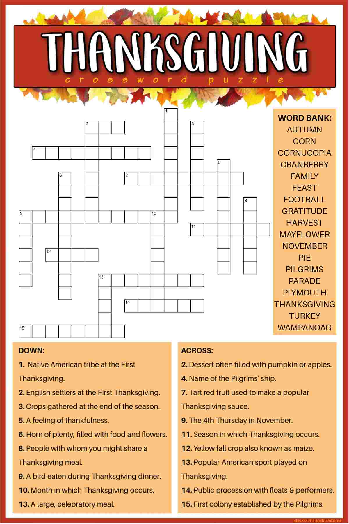 Thanksgiving Crossword Puzzle Thanksgiving Crossword Puzzle
