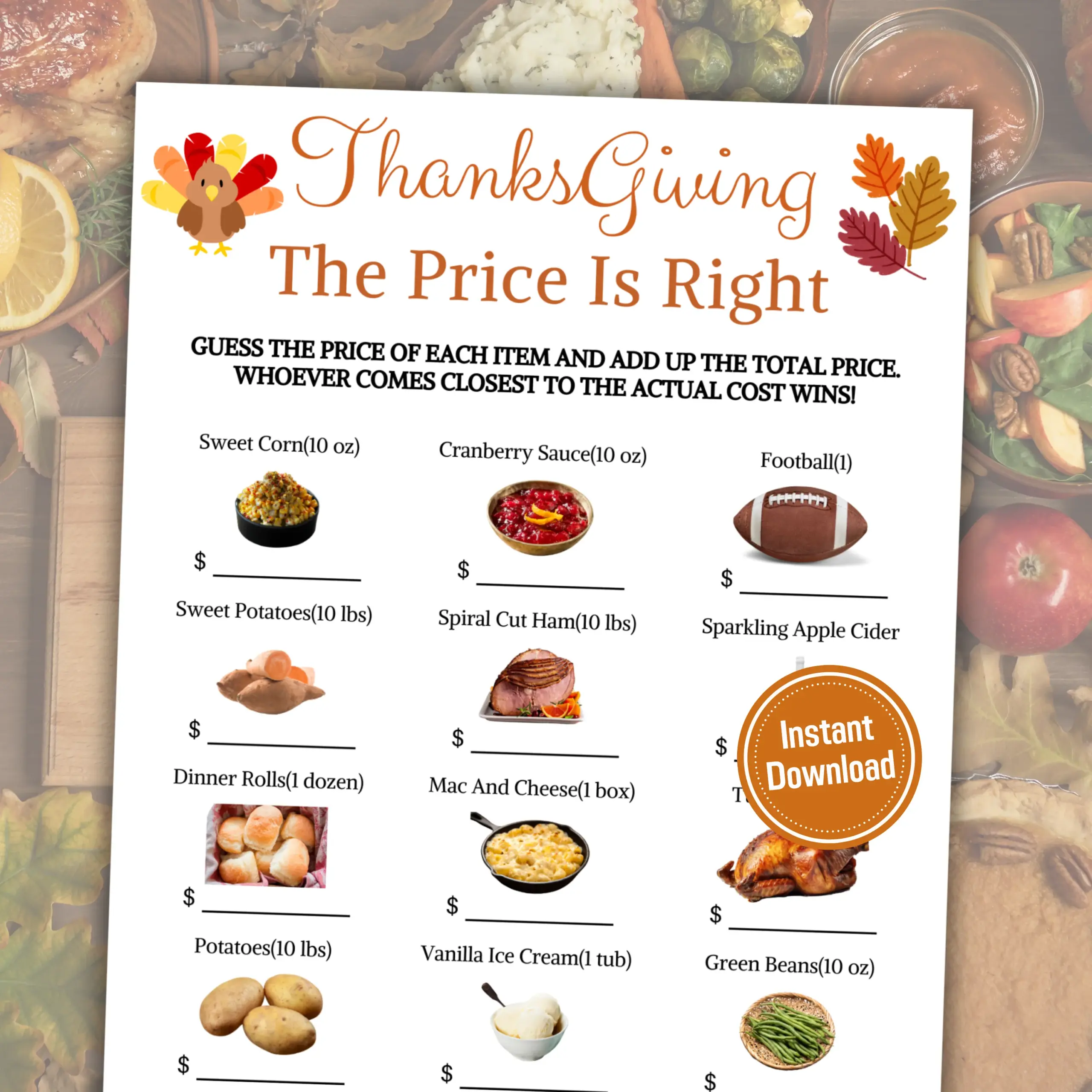 Thanksgiving Dinner Guess Price Game