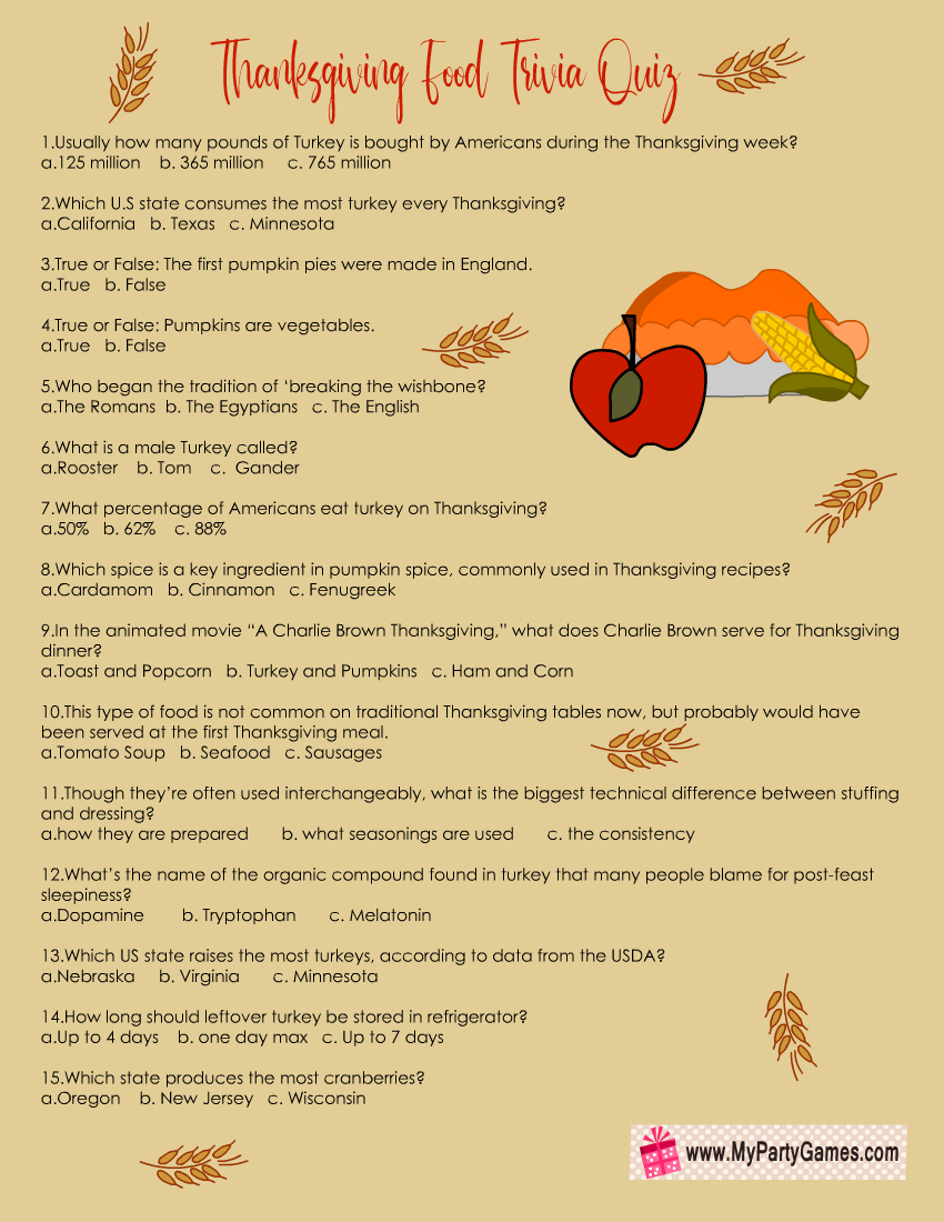 Thanksgiving Food Trivia Quiz Free Printable