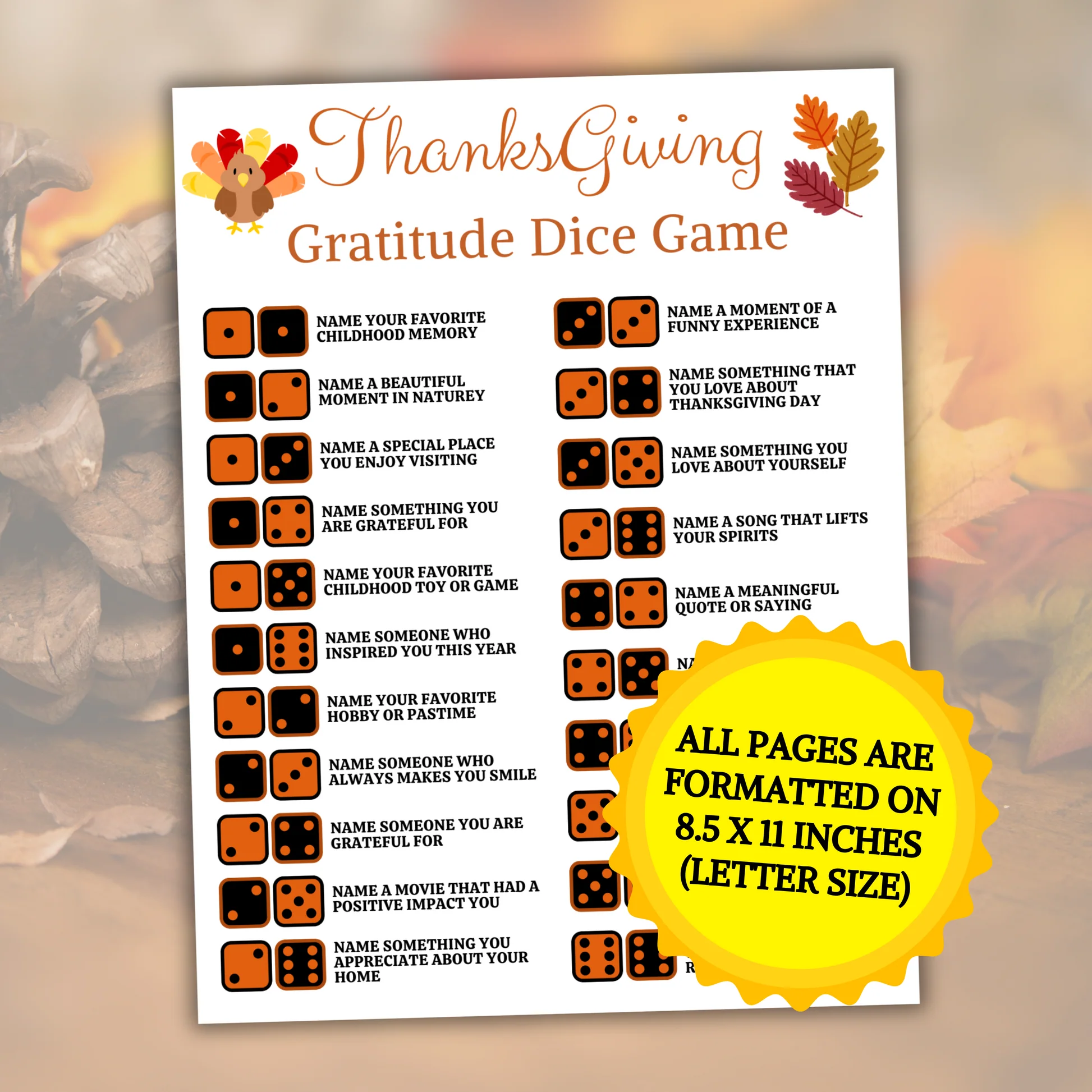 Thanksgiving Gratitude Dice Game