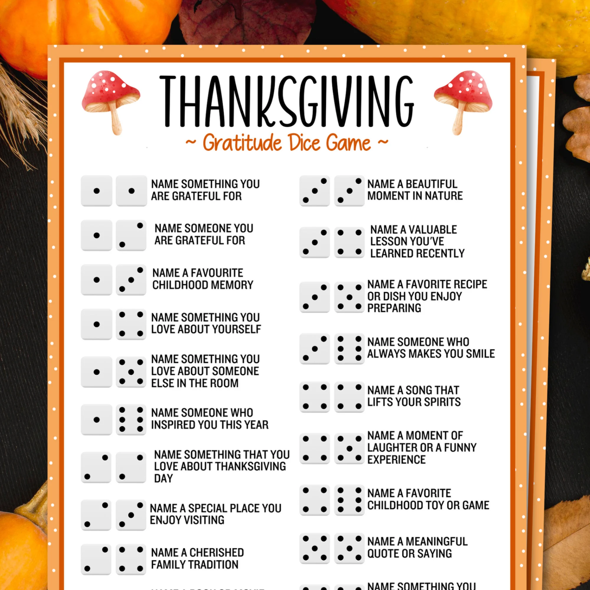 Thanksgiving Gratitude Dice Game
