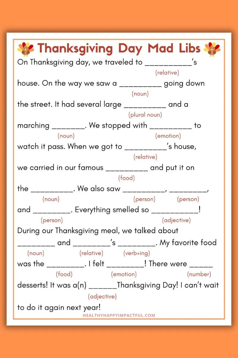 Thanksgiving Mad Libs