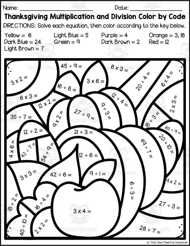 thanksgiving multiplication color by number printable thanksgiving multiplication color by number printable