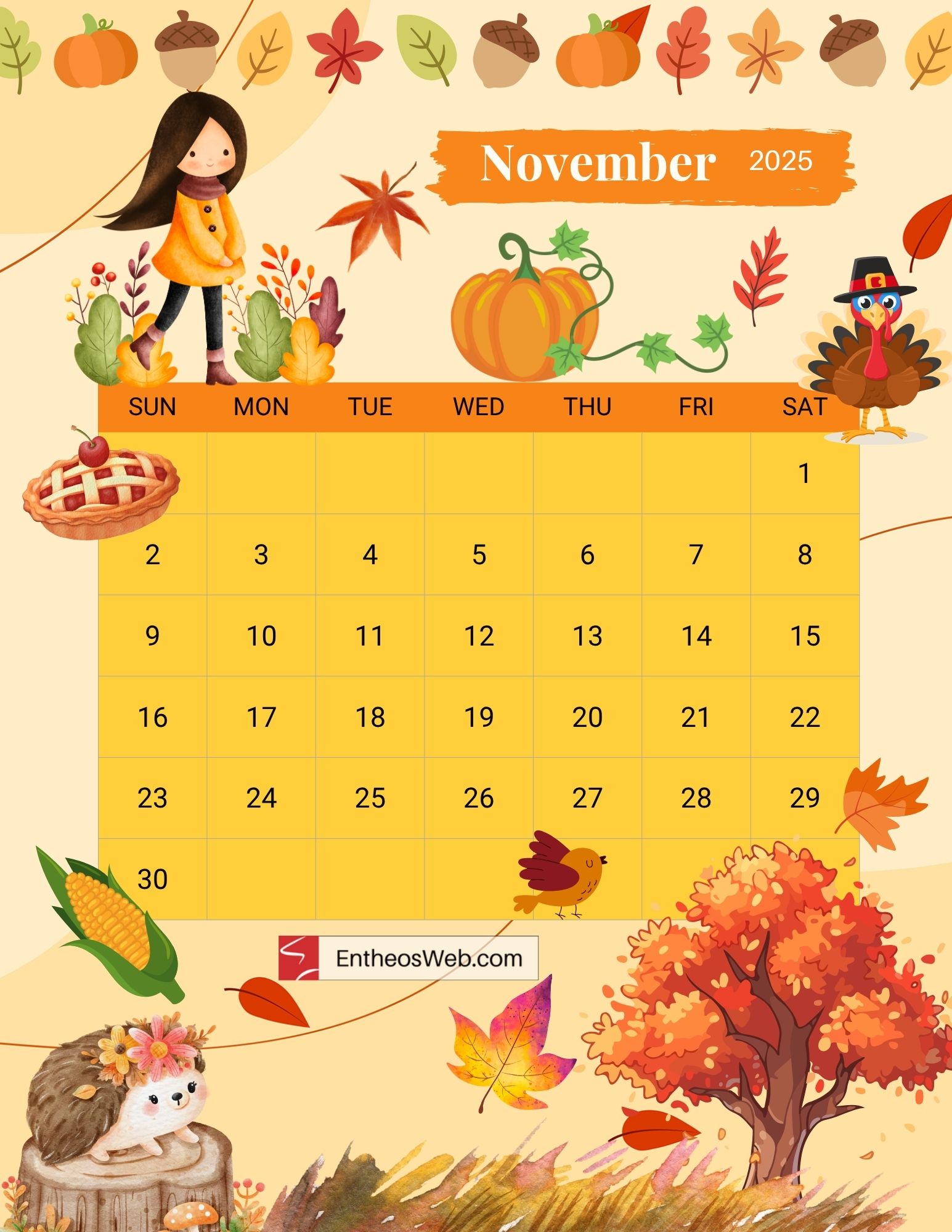 Thanksgiving November Printable Calendar