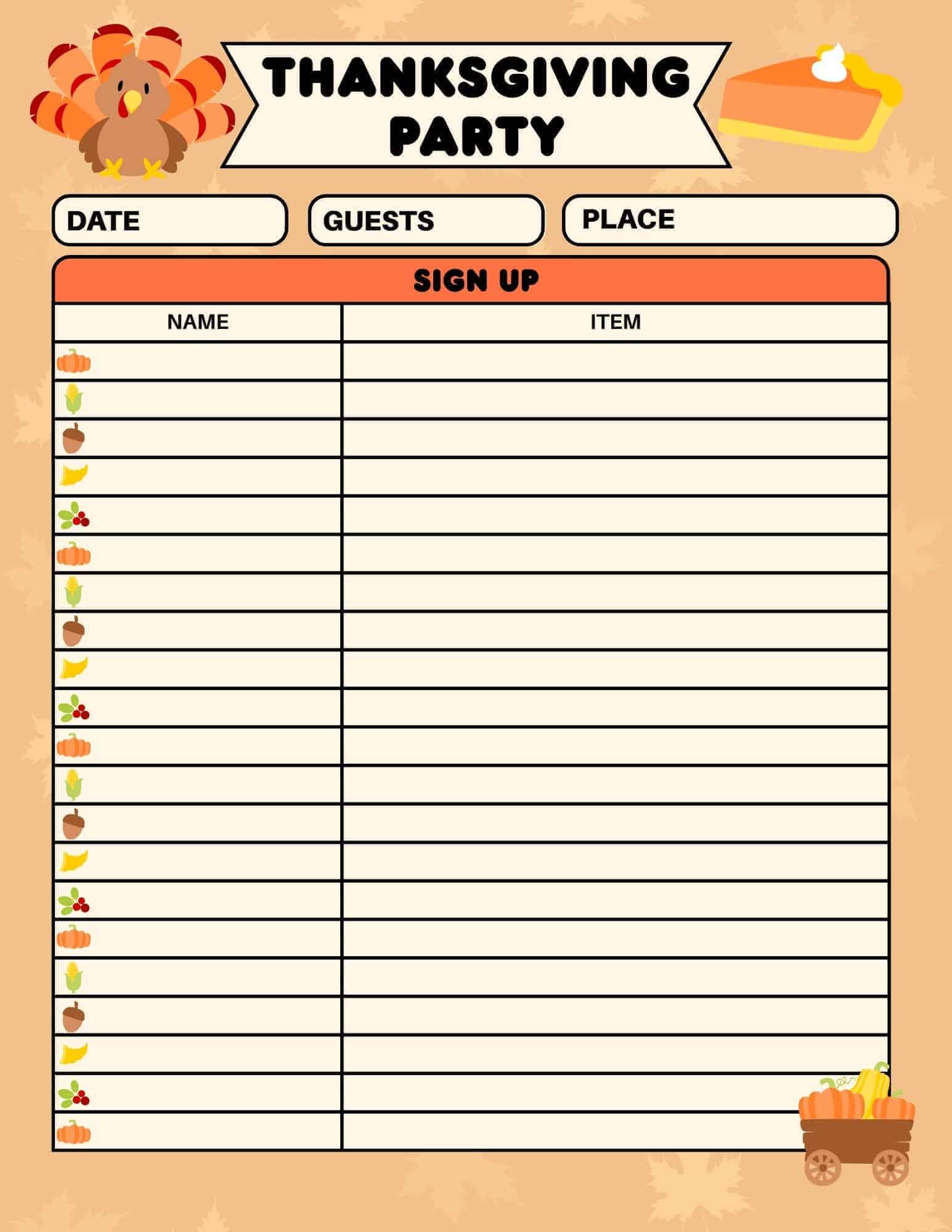 Thanksgiving Party Sign Up Sheet Thanksgiving Party Sign Up Sheet