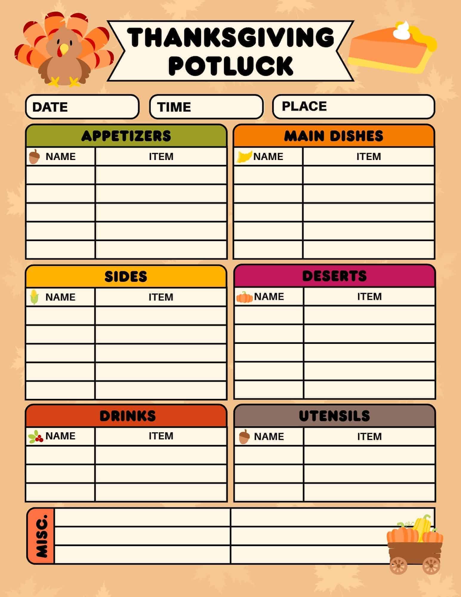 Thanksgiving Potluck Sign Up Sheet