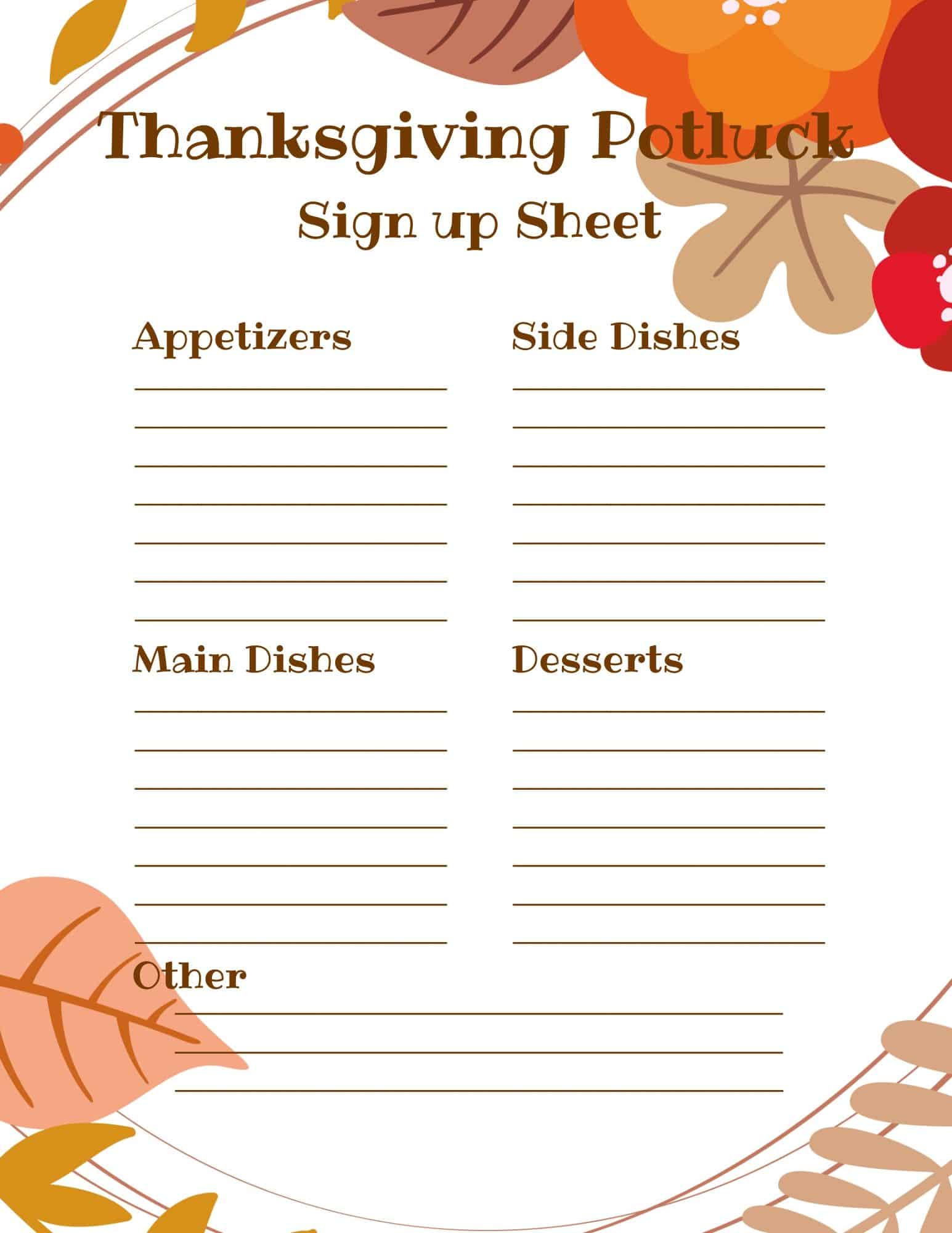 Thanksgiving Potluck Sign Up Sheet