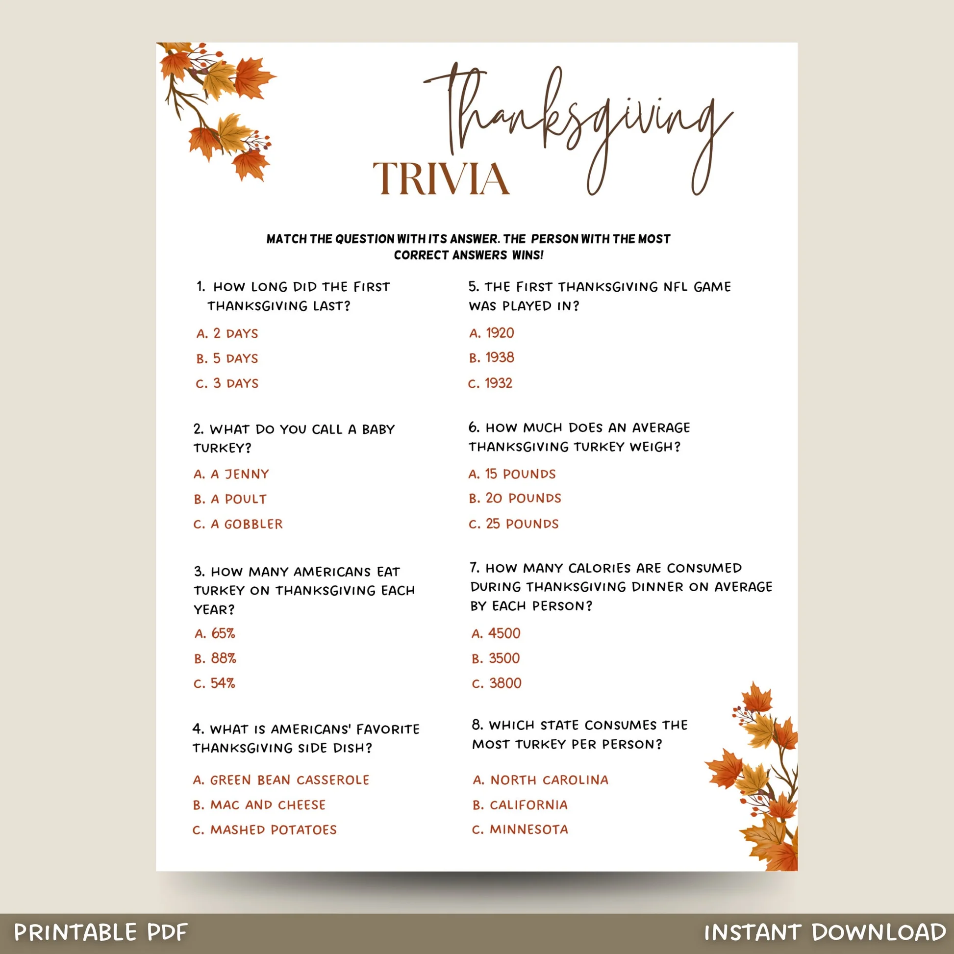 printable thanksgiving trivia and answers