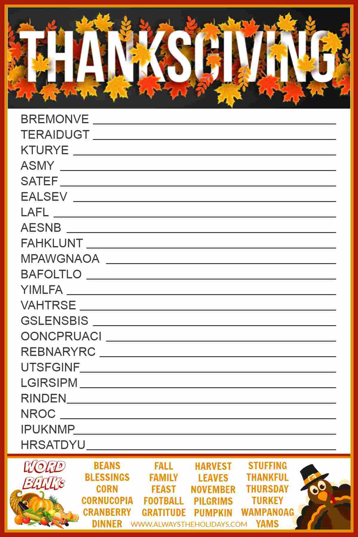 Thanksgiving Word Scramble