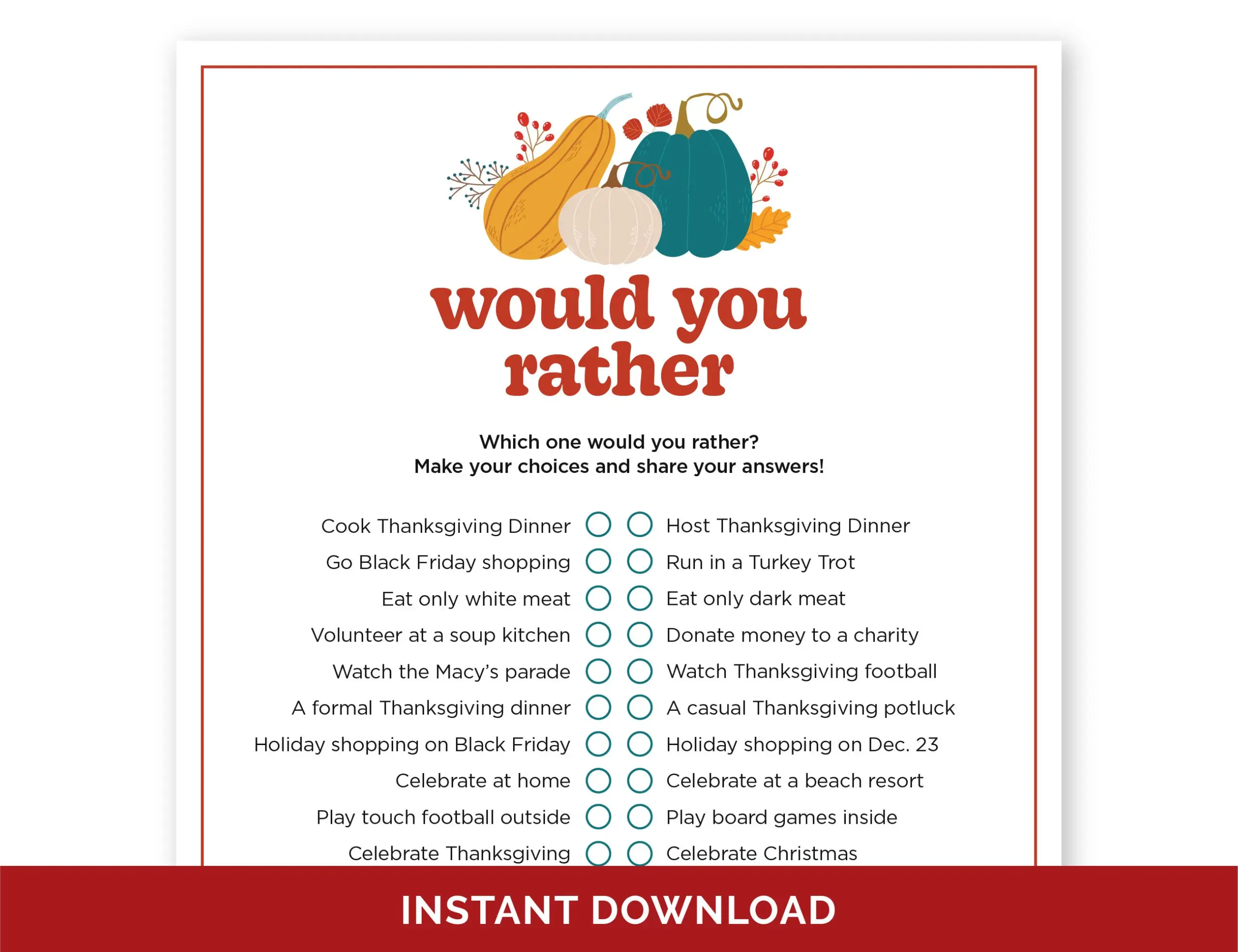 Thanksgiving Would You Rather Printable