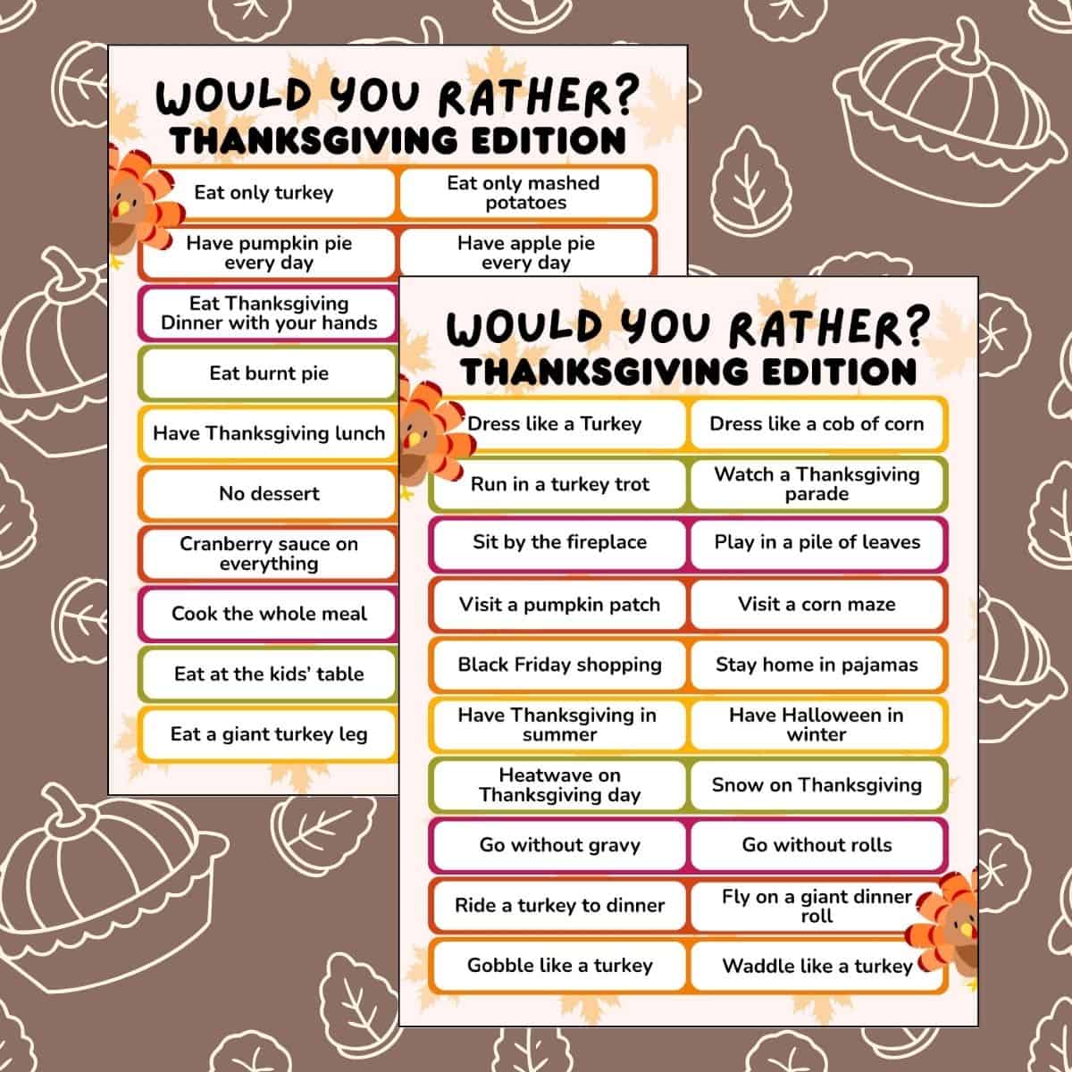 would you rather thanksgiving printable