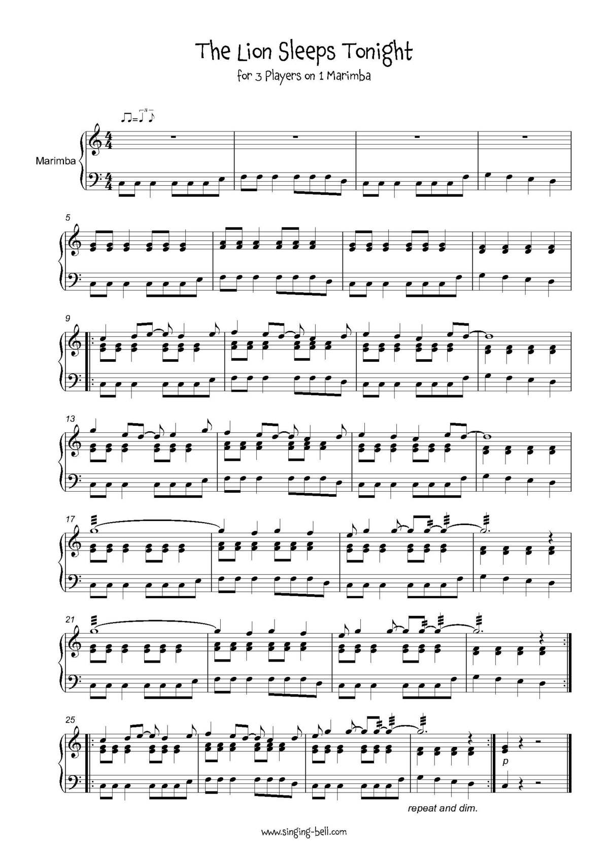 The Lion Sleeps Tonight Percussion Orff Marimba Sheet Music Pdf