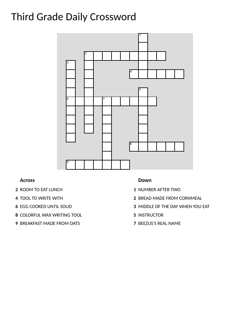 Third Grade Daily Crossword Puzzle