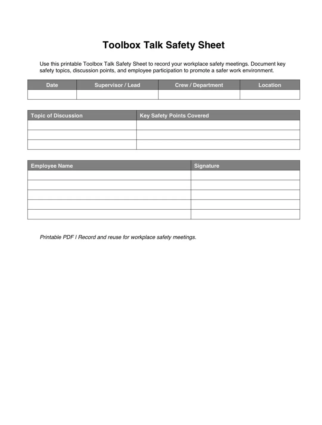 Toolbox Talk Safety Sheet