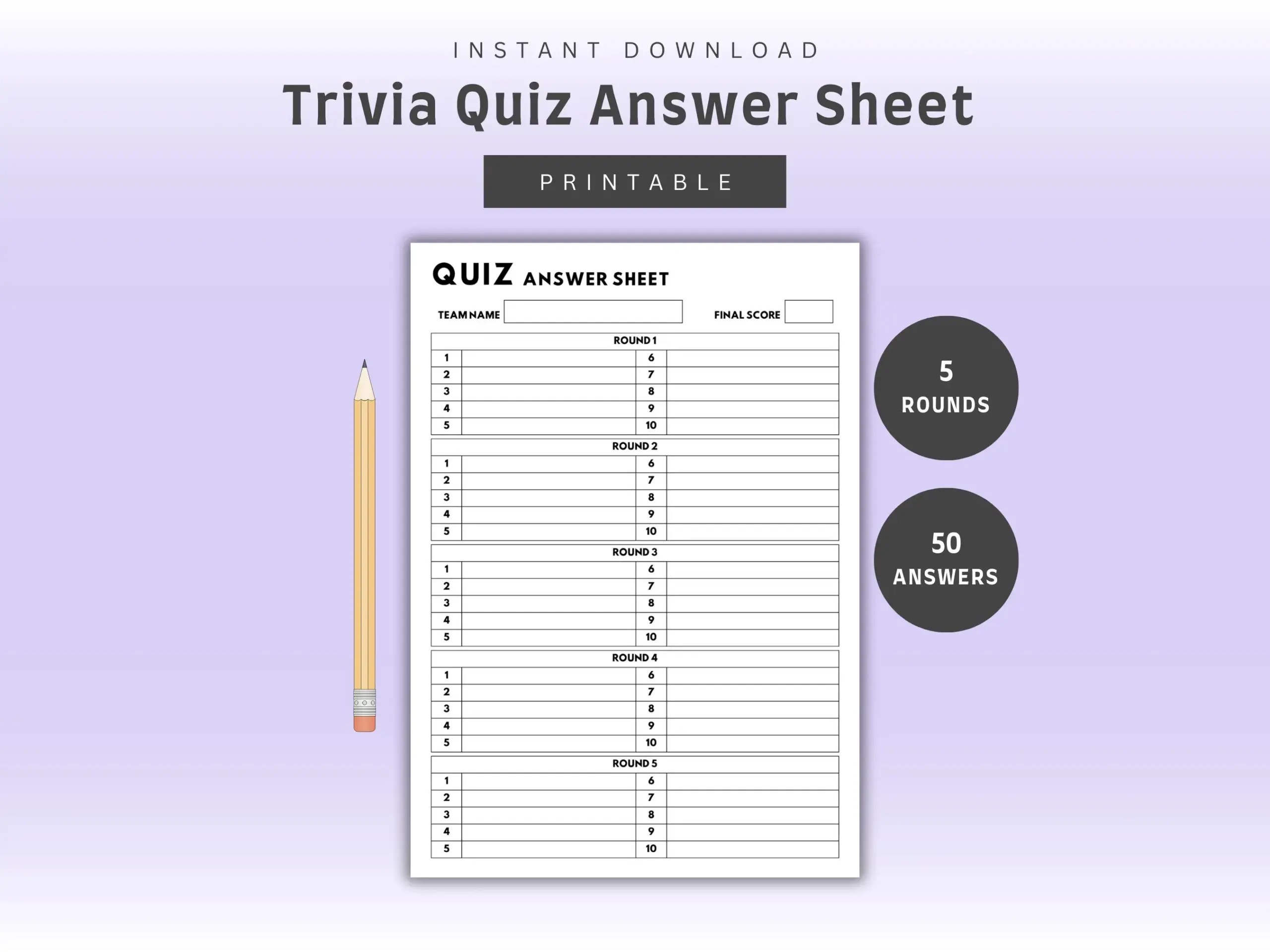 Trivia Quiz Answer Sheet 5 Rounds 10