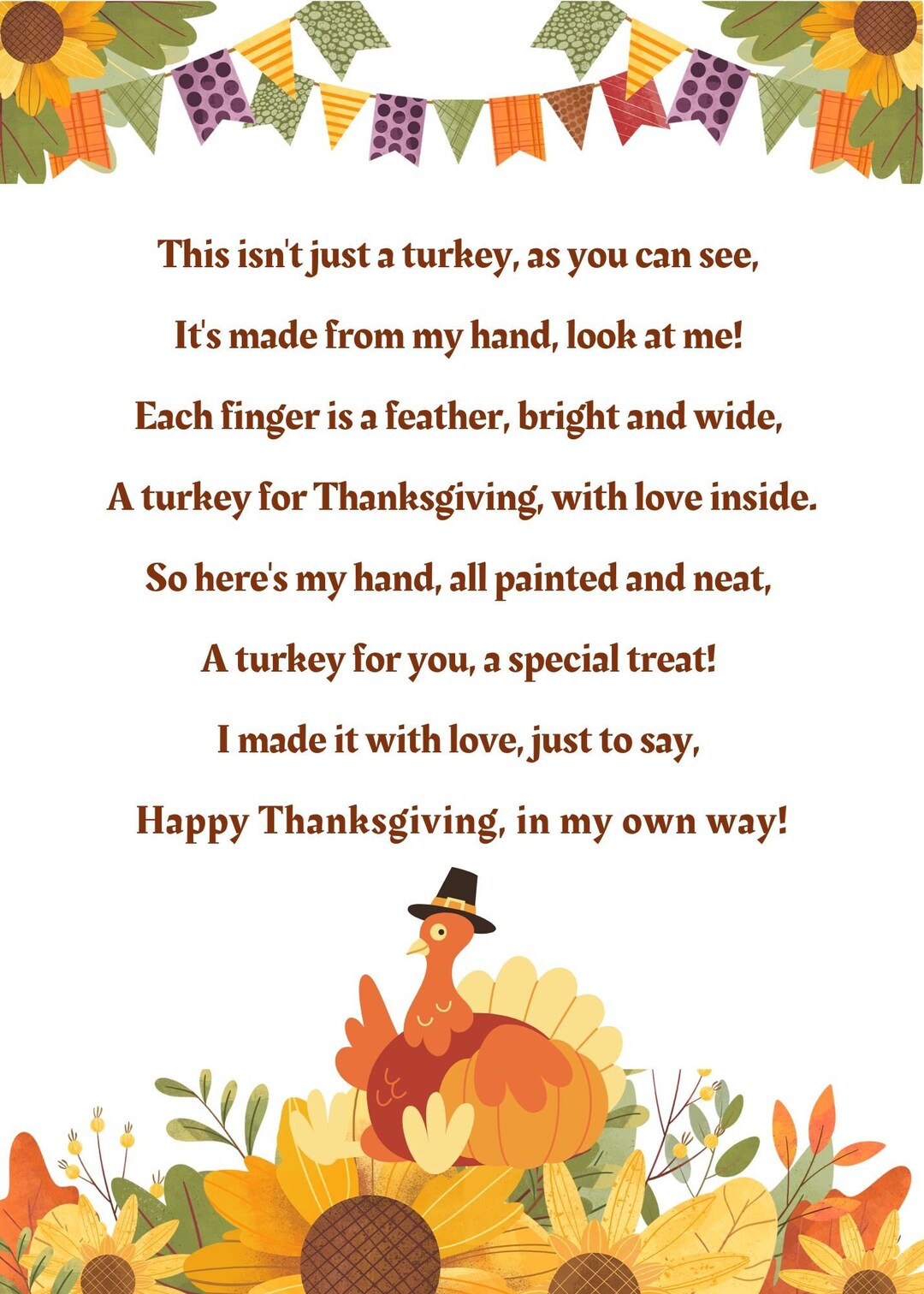 Turkey Handprint Craft Poem For