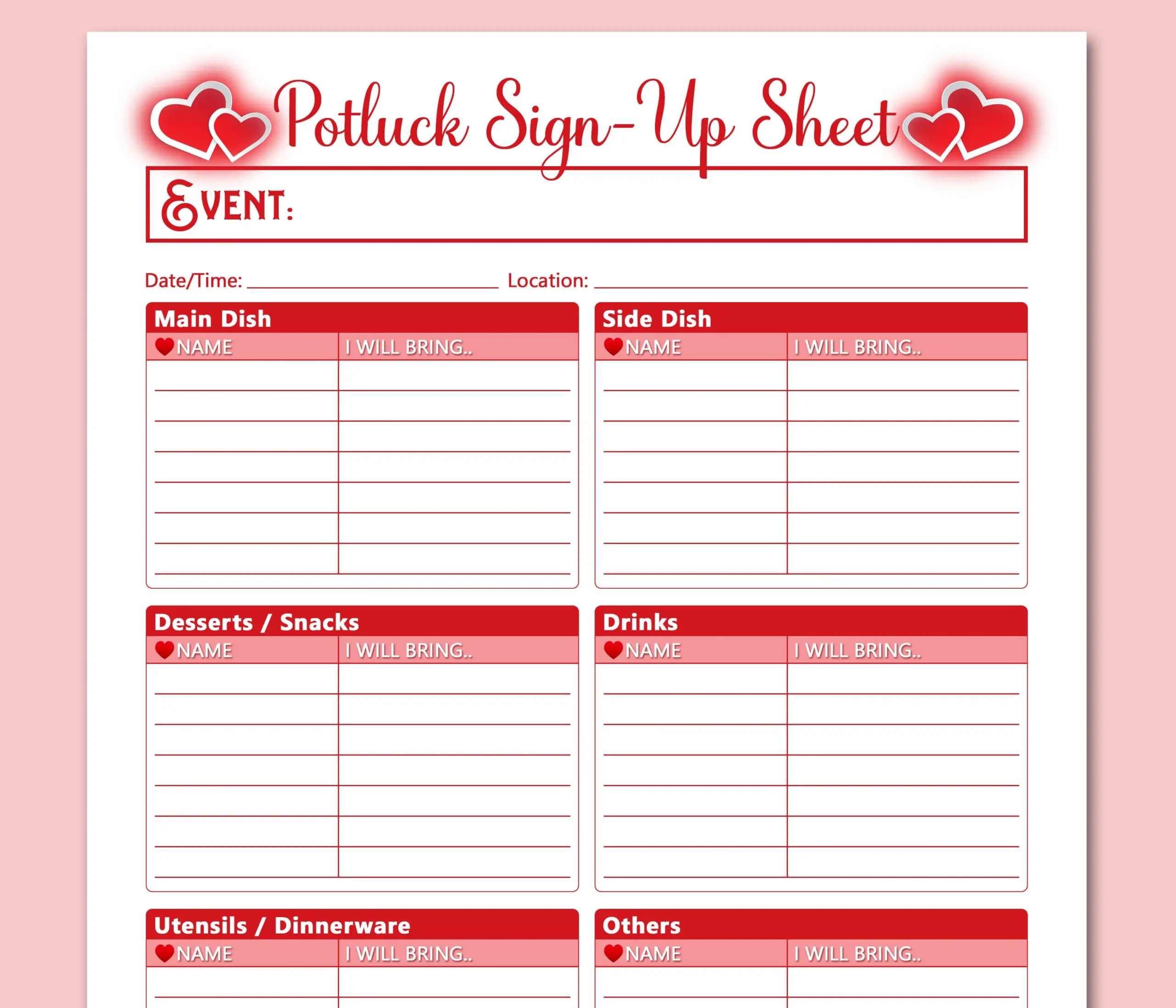 Valentine Potluck Sign Up Sheet