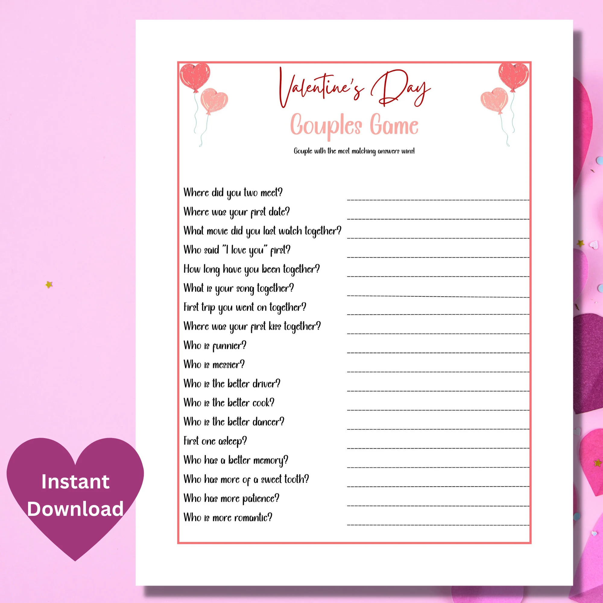 Valentines Day Couples Game Printable